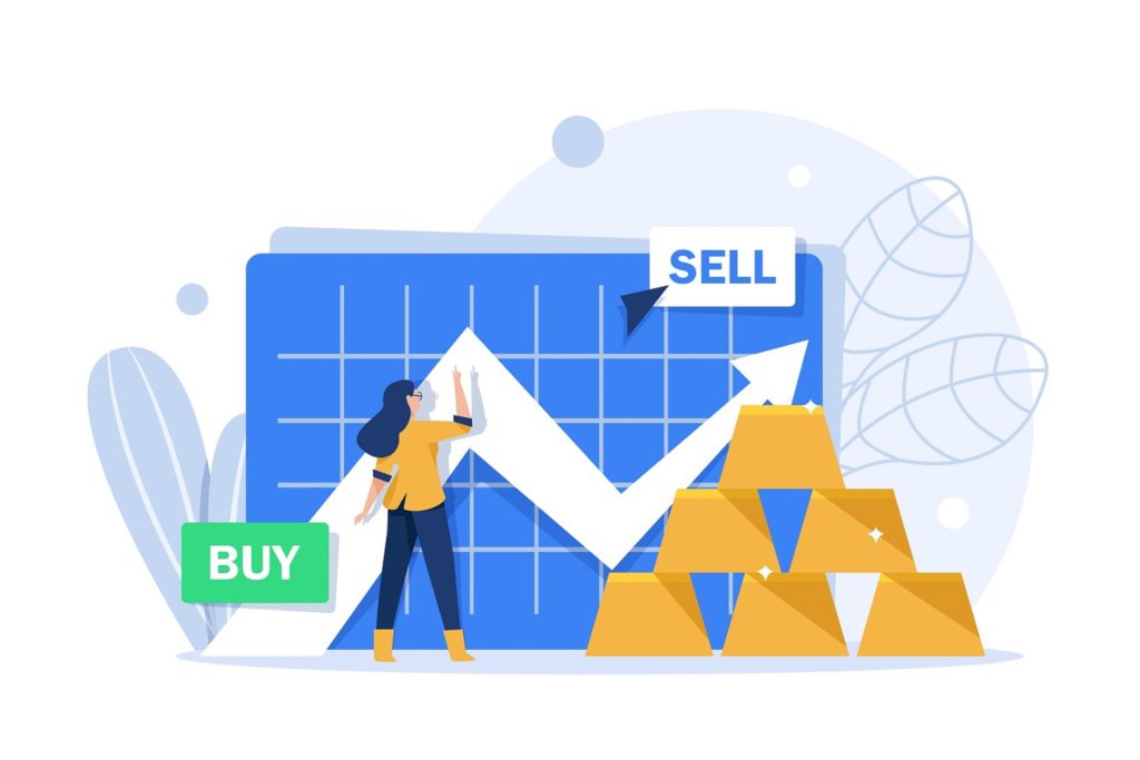 – PU Prime | More Than Trading characterised buy and sell in gold trading graph with gold bars